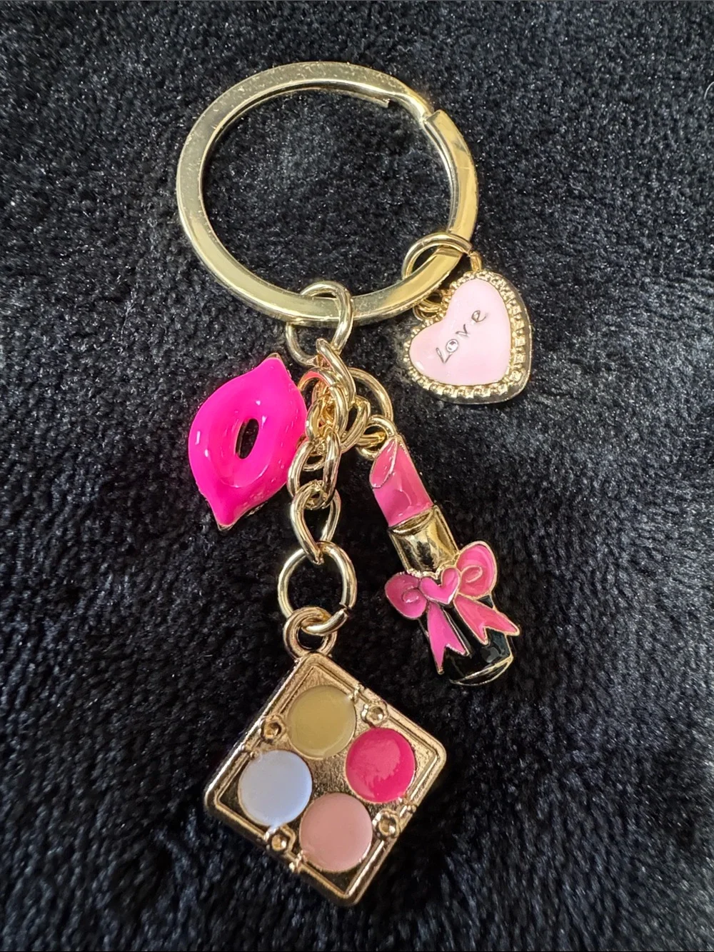 Source Unknown Pink Lipstick & Makeup Charm Keychain with Gold Hardware